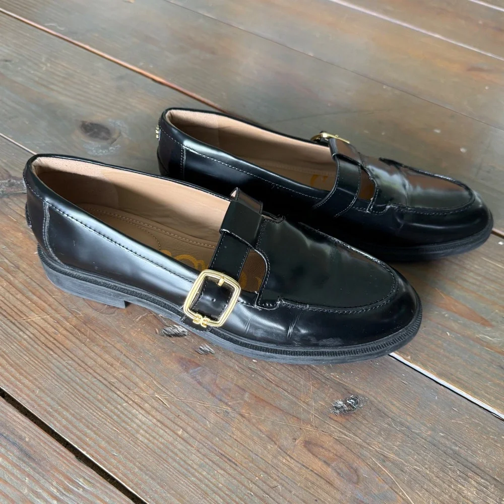 Sam Edelman Womens Black Leather T-Strap Monk Strap Loafers Gold Buckle Size 9.5